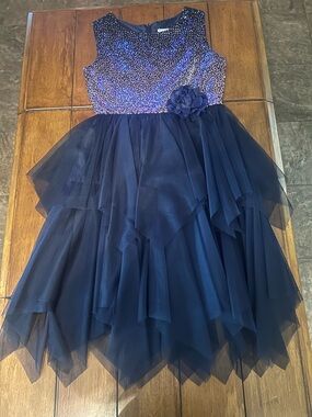 Rare Editions Navy Sequin Tulle Party Dress with Flower Waist